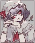  1girl adya_adya_a bat_wings detached_wings dress fang hashtag-only_commentary hat head_tilt highres looking_at_viewer mob_cap own_hands_together parted_lips puffy_short_sleeves puffy_sleeves purple_hair red_eyes remilia_scarlet short_hair short_sleeves solo touhou white_dress white_hair wings 