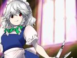  1girl apron between_fingers braid edwardmidori embodiment_of_scarlet_devil highres holding holding_knife izayoi_sakuya knife knives_between_fingers maid maid_headdress scarlet_devil_mansion touhou twin_braids waist_apron 