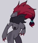 absurd_res anthro areola big_breasts big_hair biped black_areola black_body black_fur black_nipples blue_eyes breasts claws colored featureless_crotch female fur generation_5_pokemon ghozt grey_background grey_body grey_fur hair hi_res inverted_nipples looking_at_viewer navel neck_tuft nintendo nipples nude nude_anthro nude_female pokemon pokemon_(species) pupils red_claws red_hair simple_background slit_pupils smile solo thick_thighs tuft wide_hips zoroark