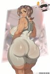 animal_humanoid big_breasts big_butt biped bodily_fluids breasts butt cephalopod cephalopod_humanoid chromatic_aberration clothed clothing eyelashes female foxicube humanoid looking_back marine marine_humanoid mollusk mollusk_humanoid nintendo octarian octoling pseudo_hair pupils simple_background smile splatoon standing sweat tentacle_hair tentacles thick_thighs three-quarter_view