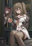  2girls absurdres bare_shoulders black_gloves blue_eyes blush breasts brown_hair brown_jacket cleavage cropped_jacket fingerless_gloves girls&#039;_frontline girls&#039;_frontline_2:_exilium gloves goggles goggles_on_head hair_between_eyes hair_ornament hairclip hands_up highres indoors jacket k2_(girls&#039;_frontline) kd_(kdh45689) long_hair looking_at_another mayling_shen_(girls&#039;_frontline_2) medium_breasts mouth_hold multiple_girls navel no_bra off-shoulder_shirt off_shoulder orange_eyes shirt side_ponytail sitting solo_focus thighhighs very_long_hair white_shirt yoohee_(girls&#039;_frontline_2) 