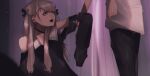  1boy 1girl aegyo_sal black_choker black_dress black_pants blonde_hair blood blood_on_hands bruise choker clenched_hand cross cross_earrings curtains domestic_violence dress earrings eyelashes grabbing_another&#039;s_arm grey_eyes hair_ribbon highres indoors injury jewelry latin_cross lipstick long_hair looking_at_another looking_up makeup mano_aaa nosebleed off-shoulder_dress off_shoulder open_mouth original pants red_lips ribbon shirt sleeves_past_fingers sleeves_past_wrists standing swept_bangs white_shirt 