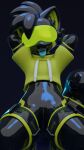 2025 3d_(artwork) ailurid anthro black_latex blue_tongue clothing collar cropped_hoodie digital_media_(artwork) drone female green_clothing green_hoodie green_latex green_topwear hi_res hoodie jinxit kneeling latex latex_clothing latex_skinsuit mammal multicolored_clothing multicolored_skinsuit pocky_(jinxit) red_panda skinsuit solo tail tight_clothing tongue tongue_out topwear two_tone_clothing two_tone_skinsuit visor