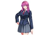  1girl aqua_eyes blazer blue_eyes blue_jacket collared_shirt cowboy_shot game_cg gentle_sasaki grey_skirt hair_between_eyes hand_on_own_hip jacket long_hair long_sleeves looking_at_viewer necktie non-web_source official_art open_mouth pink_hair pleated_skirt pocket red_necktie school_uniform shindou_hatsune shirt skirt smile solo soukou_senki_prism_reica standing transparent_background white_shirt 