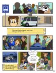 ailurid anthro art_(pandapaco) bear blush bottomwear bus bus_stop bus_stop_sign cheek_tuft clothed clothing comic commercial_vehicle container detailed_background dialogue dipstick_tail duo english_text extending_hand eyewear face_punch facial_tuft feet_together footwear fully_clothed gloves_(marking) hi_res human jacket julio_(pandapaco) junk male mammal markings note offering_hand pandapaco procyonid raccoon sad shoes skateboard speech_bubble tail tail_markings text topwear tuft vehicle