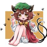  00321kakita 1girl :3 :d animal_ear_fluff animal_ear_piercing animal_ears bare_legs barefoot bloomers bow bowtie brown_background brown_eyes brown_hair cat_ears cat_tail chen commentary_request earrings fangs fingernails frills full_body hands_up hat jewelry knees_up legs_together long_fingernails long_sleeves looking_at_viewer mob_cap multiple_tails nekomata open_mouth outline paw_pose paw_print paw_print_background petticoat puffy_long_sleeves puffy_sleeves red_skirt red_vest short_hair simple_background single_earring sitting skirt skirt_set slit_pupils smile solo tail tareme toenails toes touhou two_tails upskirt vest white_background white_outline yellow_bow yellow_bowtie 