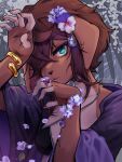  1girl :t animal_ear_piercing animal_ears artist_name bikini black_bikini body_fur bracelet breasts brown_fur brown_hair claw_pose claws coffeechicken commentary criss-cross_halter dog_ears dog_girl english_commentary fang floppy_ears flower furry furry_female gem glint green_eyes hair_flower hair_ornament hair_over_one_eye halterneck highres japanese_clothes jewelry kess_(coffeechicken) kimono open_clothes open_kimono original purple_kimono ring small_breasts solo swimsuit twitter_username upper_body 