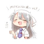  1girl :d =_= blush_stickers bow breasts chibi closed_eyes collared_shirt cropped_torso grey_hair hair_bow hair_ornament hairclip hand_up higuchi_kaede long_hair lowres medium_breasts mole mole_under_eye necktie nijisanji purple_necktie rebecca_(keinelove) shirt short_sleeves simple_background smile solo tie_clip translation_request upper_body virtual_youtuber white_background white_bow white_shirt 