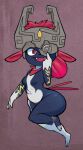 absurd_res anthro armor big_butt black_nose blue_body blue_fur breasts brown_background butt clothing cosplay crossover crossover_cosplay eyelashes fangs featureless_breasts female fur fused_shadow fusion generation_4_pokemon ghozt gloves_(marking) headgear headwear helmet hi_res huge_butt markings midna navel nintendo one_eye_obstructed open_mouth open_smile pokemon pokemon_(species) pokemorph red_eyes short_stack simple_background small_breasts smile solo teeth the_legend_of_zelda twilight_princess weavile white_body white_fur yellow_markings