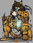  abs absurd_res action_pose anthro armor athletic biceps big_muscles blonde_hair blue_eyes bottomwear broken_armor brown_body brown_fur bulge clothed clothing fangs felid feline fur gloves hair handwear hatching_(art) heterochromia hi_res ineffective_clothing jaguar jwbash machine male mammal markings muscular muscular_anthro muscular_male nipples orange_eyes pantherine pants pecs pose shaded shorts solo spots tan_body tan_fur teeth thick_thighs tongue topless whiskers 