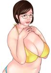  bad_id bad_pixiv_id bikini breasts brown_hair cleavage glasses kusagami_style large_breasts lips original plump short_hair simple_background solo standing swimsuit white_background 