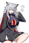  1girl absurdres aiguillette arknights black_jacket black_skirt bolo_tie cape commentary crop_top cropped_jacket english_commentary english_text grey_eyes grey_hair hair_between_eyes hair_lift hair_ornament hairclip hand_in_own_hair high-waist_skirt highres jacket lappland_(arknights) lappland_the_decadenza_(arknights) long_hair long_sleeves looking_at_viewer meme open_mouth red_cape simple_background sitting skirt smile solo tofudofu white_background 