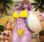 2025 2_horns 3d_(artwork) 4_fingers 5_fingers abs anthro antlers athletic athletic_female ball beach_ball big_breasts bikini blonde_hair blue_eyes blurred_background breasts brown_hair buckteeth cleavage clothed clothing colored_nails deer deltarune digital_media_(artwork) dinosaur duo eyebrows female fingers freckles hair hair_over_eyes hi_res horn inflatable long_hair looking_at_viewer mammal midriff nails noelle_holiday pink_nose prehistoric_species purple_body purple_nails reptile scalie smile susie_(deltarune) swimwear teeth two-piece_swimsuit under_boob undertale_(series) vensaku wet yellow_bikini yellow_clothing yellow_swimwear