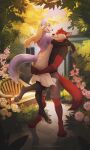 absurd_res anthro black_nose blonde_hair blue_eyes canid canine closed_smile clothed clothing day dipstick_tail duo eyes_closed female female_anthro flower fox fur gloves_(marking) hair hi_res hug leg_markings male male_anthro mammal markings mouth_closed multicolored_hair open_mouth open_smile outside plant plgdd purple_body purple_fur red_body red_fur rose_(flower) smile socks_(marking) standing tail tail_markings two_tone_hair unknowhiter white_body white_fur white_hair