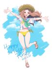  1girl bikini blush brown_hair green_neckerchief hat hibike!_euphonium highres kenzaki_ririka kitauji_high_school_uniform kotomozou long_hair midriff navel neckerchief open_mouth sailor_collar sandals school_uniform see-through_clothes serafuku shirt smile solo straw_hat sun_hat swimsuit yellow_bikini yellow_eyes 