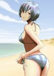  1girl adjusting_clothes adjusting_swimsuit ayanami_rei beach bikini blurry blurry_background day from_behind halterneck highres looking_at_viewer looking_back neon_genesis_evangelion outdoors red_eyes short_hair side-tie_bikini_bottom sky solo standing swimsuit tanuuuuu3 