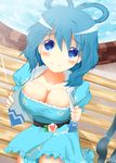  bench blue_eyes blue_hair breasts brick cleavage collarbone downblouse dress flower hair_rings highres kaku_seiga large_breasts pool sitting smile solo touhou vest yuzutei 