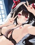  1girl areola_slip arms_up bed bed_sheet black_bra black_hair blush bow bra breasts chest_tattoo collarbone commentary cupless_bra curtains day double-parted_bangs english_commentary eyelashes fingernails flower_tattoo grin hair_bow hair_intakes hair_spread_out headboard highres honkai:_star_rail honkai_(series) indoors lace lace_bra large_breasts lewd_chan long_hair looking_at_viewer lying nail_polish no_shirt on_back on_bed pillow red_bow red_eyes red_nails smile solo sparkle_(honkai:_star_rail) steam steaming_body sweaty_armpits tattoo twintails underwear upper_body variant_set window 