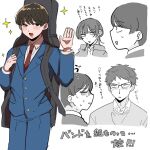  1girl 2boys :d =_= black_hair blazer blue_jacket blue_pants blush bowl_cut collared_shirt cowboy_shot cropped_torso dos_i2525 dress_shirt eyebrow_cut fujii_ayame futsuu_no_keion-bu glasses guitar_case hand_up highres holding_strap instrument_case instrument_case_on_back jacket lapels long_sleeves looking_at_another multiple_boys necktie notched_lapels pants parted_lips partially_colored red_necktie school_uniform scowl shaded_face shirt short_hair smile sparkle sparkling_aura standing sweat sweater takami_kouki tohno_gen translation_request v-shaped_eyebrows white_shirt wing_collar winter_uniform wolf_cut 