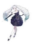  1girl absurdres amou_june ankle_ribbon aqua_hair bare_legs bare_shoulders black_dress black_gloves black_ribbon black_shoes closed_mouth collarbone colored_tips commentary_request conductor_baton dot_nose dress dress_flower elbow_gloves eyelashes flower frilled_dress frills full_body gloves grey_hair hair_flower hair_ornament highres holding_baton idol knees leg_ribbon long_hair looking_at_viewer morgue_(southsakura) multicolored_hair pink_eyes pretty_rhythm pretty_rhythm_rainbow_live pretty_series purple_flower purple_rose ribbon rose shoes short_dress simple_background smile solo standing strapless strapless_dress two-tone_hair very_long_hair white_background white_flower white_rose 