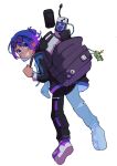  1girl absurdres ametrine_(bazzite) backpack bag black-framed_eyewear black_hoodie blue_eyes blue_hair blush cable computer controller double-parted_bangs drawstring earrings eyewear_on_head from_behind game_controller gamepad glasses gnome_(software) gradient_eyes gradient_hair hair_bun handheld_game_console highres holding hood hood_down hoodie jewelry kde kneepits konqi laptop linux logo long_sleeves looking_at_viewer looking_back mascot multicolored_eyes multicolored_hair official_art open_mouth os-tan parted_bangs pocket poulpi purple-tinted_eyewear purple_eyes purple_hair round_eyewear shoes short_hair simple_background single_hair_bun smile sneakers solo steam_deck teeth tinted_eyewear 