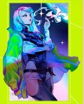  1girl cigarette cyberpunk_(series) cyberpunk_edgerunners eyeliner holding holding_cigarette lucy_(cyberpunk) makeup multicolored_eyes off-shoulder_jacket off_shoulder red_eyeliner red_lips short_hair smoking solo tholia_bentz 