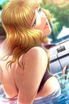  1girl blonde_hair blue_eyes breasts game_cg highres large_breasts lips nipples outdoors sodom_no_shima:_night_of_blind solo water 