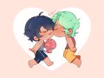  &gt;_&lt; 2boys :3 artist_self-insert blue_hair blue_shorts bouquet chibi chibi_only cove_holden curly_hair dolpxler double-parted_bangs full_body green_hair grey_tank_top grin hair_between_eyes happy heart_border highres holding holding_bouquet kiss knees_up main_character_(our_life) male_focus multiple_boys our_life our_life:_beginnings_and_always outside_border outstretched_hand short_hair shorts smile tank_top yaoi yellow_shorts 