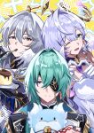  1girl 2boys absurdres anaxa_(honkai:_star_rail) black_gloves blue_eyes blue_hair brother_and_sister dromas_(honkai:_star_rail) eyepatch food four-finger_heart_hands gloves green_eyes green_hair halo hashtag-only_commentary head_wings heart heart_hands highres holding holding_spoon honkai:_star_rail honkai_(series) long_hair medium_hair multiple_boys pudding robin_(honkai:_star_rail) ryokukablog siblings spoon sunday_(honkai:_star_rail) utensil_in_mouth white_gloves wings yellow_eyes 