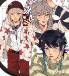  3boys alternate_costume belt black_hair black_nails blue_eyes blue_hair blue_nails blush braid brown_eyes butterfly_hair_ornament cellphone contemporary cowboy_shot english_commentary genshin_impact gradient_hair grey_hair hair_between_eyes hair_ornament hairclip hand_in_pocket headphones headphones_around_neck highres hood hoodie jewelry kaedehara_kazuha lips long_sleeves looking_at_phone looking_at_viewer male_focus medium_hair mirror_selfie multicolored_hair multicolored_nails multiple_boys multiple_rings nail_polish necklace no_headwear open_clothes open_hoodie pants phone razor_(genshin_impact) red_belt red_eyes red_hair red_nails red_pants ring scar scar_on_cheek scar_on_face selfie shirt short_hair_with_long_locks smartphone sonagee standing star_(symbol) star_print streaked_hair tongue tongue_out twin_braids upper_body venti_(genshin_impact) white_hair white_nails white_shirt 