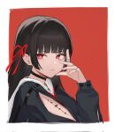  1girl arm_cutout arm_up bajigurr black_choker black_hair black_shirt blunt_bangs border bright_pupils chisa_(wuthering_waves) choker closed_mouth clothing_cutout corrupted_twitter_file hair_ribbon hand_on_own_face hashtag-only_commentary highres jewelry long_hair long_sleeves looking_at_viewer mole mole_under_eye multiple_rings red_background red_eyes red_ribbon ribbon ring sailor_collar shirt solo staring white_border white_pupils white_sailor_collar wuthering_waves 