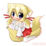  animal_ears blonde_hair blue_eyes blush chibi japanese_clothes koyomi_(shinshia) miko open_mouth original shinshia solo tail 