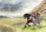  2boys black_hair black_horse bridle brothers cloud cloudy_sky day english_commentary field flower grass grey_cloak horse horseback_riding landscape lomacchi long_hair maedhros maglor male_focus mountain mountainous_horizon multiple_boys outdoors painting_(medium) photoshop_(medium) pink_flower puddle rain raincloud red_hair riding siblings sky the_silmarillion tolkien&#039;s_legendarium traditional_media watercolor_(medium) wide_shot 