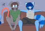 aimpunch anthro azura_(aimpunch) blue_body blue_fur brown_hair bulge choker clothing detailed_bulge duo ear_piercing ear_ring erection erection_under_clothing eyes_closed eyewear facial_markings facial_piercing female fur glasses grey_body grey_fur hair head_markings hi_res industrial_piercing jewelry lip_piercing male male/female mammal markings mask_(marking) mouse multicolored_body multicolored_fur murid murine necklace nervous nervous_smile open_mouth open_smile panties piercing pink_body pink_skin procyonid raccoon ring_piercing rodent shirt smile snakebite_piercing striped_markings striped_tail stripes stud_piercing t-shirt tail tail_markings tank_top thought_bubble topwear two_tone_body two_tone_fur underwear