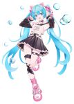  1girl 39 animal_ear_headphones animal_ears belt black_skirt blue_eyes blue_hair bubble cat_ear_headphones crop_top cute_x_subculture_hatsune_miku_design_contest fake_animal_ears fashion hashtag-only_commentary hatsune_miku headphones highres long_hair looking_at_viewer midriff pink_socks pleated_skirt rhinestone shirt shoes simple_background skirt sneakers socks solo standing standing_on_one_leg takepon1123 thigh_strap twintails very_long_hair vocaloid white_background white_shirt white_shoes y2k_fashion 