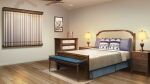  bed bedroom blanket book ceiling_fan curtains desk_lamp drawer footrest highres indoors lamp no_humans non-web_source official_art our_life our_life:_beginnings_and_always photo_(object) pillow scenery table wooden_floor 