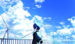  1boy arms_at_sides behind-the-head_headphones black_jacket blazer blue_hair blue_sky cloud cloudy_sky day facing_away hands_in_pockets headphones jacket listening_to_music male_focus outdoors persona persona_3 railing school_uniform shirt sky tsukitaka watermark white_shirt windmill yuuki_makoto_(persona_3) 