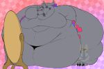 admiring_self almost_immobile anthro belly big_belly big_butt butt deep_navel distracting_watermark domestic_cat ear_piercing felid feline felis fur grey_body grey_fur hi_res huge_belly kapi_(paperkitty) male mammal massive_belly morbidly_obese navel obese overweight piercing shegnastar sumo watermark