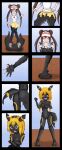 2015 absurd_res anthro arm_over_breasts black_body black_border black_nose blonde_hair blue_eyes blush border bottomwear breasts brown_hair butt clenched_teeth close-up clothed clothing colored comic covering covering_breasts eeveelution eyes_closed featureless_breasts featureless_crotch female fingers footwear front_view fully_clothed generation_2_pokemon genitals goo_drip goo_transformation hair hi_res human human_to_anthro legwear looking_at_viewer mammal markings nintendo nude open_mouth pokemon pokemon_(species) pokemorph rear_view rosa_(pokemon) shoes simple_background skirt solo species_transformation standing tail teeth tights topwear transformation umbreon vanron vulva yellow_markings