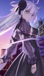  1girl ahoge black_dress black_nails breasts closed_mouth commentary_request cowboy_shot dress earrings fate/grand_order fate_(series) fingernails floating_hair flower from_side game_cg hair_flower hair_ornament jeanne_d&#039;arc_alter_(fate) jeanne_d&#039;arc_alter_(over_the_same_sky)_(fate) jewelry long_hair long_sleeves looking_at_viewer looking_back official_art outdoors photo_background purple_flower purple_shrug sideboob sky smile solo third-party_source yellow_eyes 