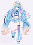  1girl absurdres angel_wings asymmetrical_footwear asymmetrical_legwear blonde_hair blue_hair blue_jacket blue_leg_warmers blue_sandals blue_shoes bra clothing_cutout commentary cute_x_subculture_hatsune_miku_design_contest cyber_fashion detached_sleeves fake_wings fashion gradient_hair hair_ornament halo harness hatsune_miku highres jacket leg_warmers long_hair mismatched_footwear mismatched_legwear multicolored_hair navel oversized_clothes sandals see-through_clothes see-through_sleeves shoes simple_background sneakers solo sorashibatasan stomach_cutout tenshi_kaiwai track_jacket traditional_halo twintails underwear very_long_hair vocaloid watermark white_background wings 