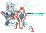  0_gundam 0_gundam_(cosplay) absurdres armor artist_name asymmetrical_dual_wielding black_leotard commentary commission cosplay dual_wielding english_commentary forehead_jewel full_body green_eyes grey_hair gun gundam gundam_00 highres holding holding_gun holding_shield holding_weapon iikoao leotard mega_man_(series) mega_man_zx original science_fiction shield short_hair simple_background solo v-fin weapon white_armor white_background 