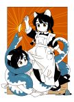  2girls akai_sashimi animal animal_ears apron artist_name biting black_dress black_hair black_shoes bow braid cat_ears closed_mouth collared_dress colored_skin dress eel full_body hair_bow highres holding holding_animal long_hair mary_janes multiple_girls original shoes single_braid standing swept_bangs three-quarter_sleeves white_apron white_bow white_skin yurie_mouth 