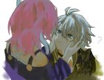  1boy 1girl ? antenna_hair back bare_shoulders black_choker black_shirt blue_eyes choker closed_mouth couple cyrene_(honkai:_star_rail) friends from_behind from_side grey_hair hair_between_eyes hair_ornament hands_on_another&#039;s_cheeks hands_on_another&#039;s_face hetero high_collar highres honkai:_star_rail honkai_(series) leaning_forward leaning_to_the_side looking_at_another looking_down looking_up off_shoulder phainon_(honkai:_star_rail) pink_hair pout purple_shirt shade shirt short_sleeves sweatdrop wavy_hair white_background x431788 