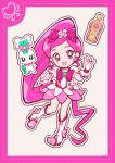 1girl absurdly_long_hair boots border bottle bow bowtie brooch choker chypre_(heartcatch_precure!) cure_blossom deformed dot_nose dotted_line dress earrings eyelashes flower flower_dress flower_earrings footwear_flower frilled_gloves frills full_body gloves green_brooch grey_background grid_background hair_bow hair_flower hair_ornament hanasaki_tsubomi happy heart heart_brooch heartcatch_precure! high_heel_boots high_heels high_ponytail highres jewelry knee_boots long_hair magical_girl open_mouth outline perfume_bottle pink_bag pink_border pink_bow pink_bowtie pink_eyes pink_flower pink_hair ponytail precure puffy_short_sleeves puffy_sleeves red_choker ringlets short_dress short_sleeves signature smile square_neckline tareme uwded_207 very_long_hair waist_bag wavy_hair white_boots white_dress white_gloves white_outline 