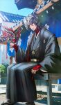  1boy antonio_salieri_(fate) antonio_salieri_(over_the_same_sky)_(fate) architecture black_kimono blue_sky closed_mouth commentary_request day east_asian_architecture fate/grand_order fate_(series) folded_fan folding_fan full_body game_cg grey_hair hair_between_eyes hand_fan holding holding_fan holding_mask japanese_clothes kimono long_sleeves looking_at_viewer male_focus mask medium_hair official_art outdoors pfalz photo_background red_eyes sandals sitting sky solo tabi tassel third-party_source turtleneck unworn_mask wide_sleeves zouri 