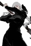  1girl animal_on_shoulder arms_up axe bird bird_on_shoulder black_dress braid braided_bangs braided_ponytail breasts cowboy_shot crow dress fighting_stance grey_hair hair_over_one_eye highres holding holding_axe jujutsu_kaisen long_sleeves looking_down medium_breasts mei_mei_(jujutsu_kaisen) nail_polish puffy_sleeves purple_eyes purple_nails shki00 simple_background solo white_background 