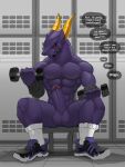 2022 3:4 abs absurd_res anthro bakugan balls big_penis blush bottomwear clothed clothing digital_media_(artwork) dragon dumbbell english_text erection exercise footwear genitals hi_res holding_dumbbell holding_object horn humanoid_genitalia humanoid_penis male mostly_nude muscular muscular_anthro muscular_male mythological_creature mythological_scalie mythology pantsless pecs penis percival_(bakugan) profanity purple_body purple_penis red_eyes scalie sellon shoes shorts sitting sneakers socks solo spread_legs spreading text thought_bubble topless topless_anthro topless_male weightlifting weights workout yellow_horn