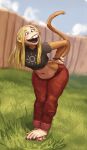 2025 5_fingers 5_toes alternate_species anthro barefoot bottomwear bracelet buckteeth cartoon_network clothing cloud colored_nails crop_top day ear_piercing ed_edd_n_eddy feet feet_crossed feet_together female fence fingers freckles fur grass haplorhine hi_res jewelry leaning leaning_forward looking_at_viewer mammal may_kanker midriff monkey nails navel open_mouth open_smile outside pants piercing plant prehensile_feet primate purple_nails redustheriotact shirt smile solo standing sweatpants tail tan_body tan_fur teeth toes topwear