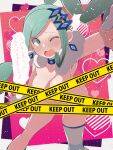  1girl blue_eyes blue_hair blush border breasts fujiwara_hiro_(kaede_ciao) highres holding_another&#039;s_wrist keep_out lisia_(pokemon) long_hair nude one_eye_closed open_mouth pink_background pokemon pokemon_oras solo_focus speech_bubble translation_request white_border 